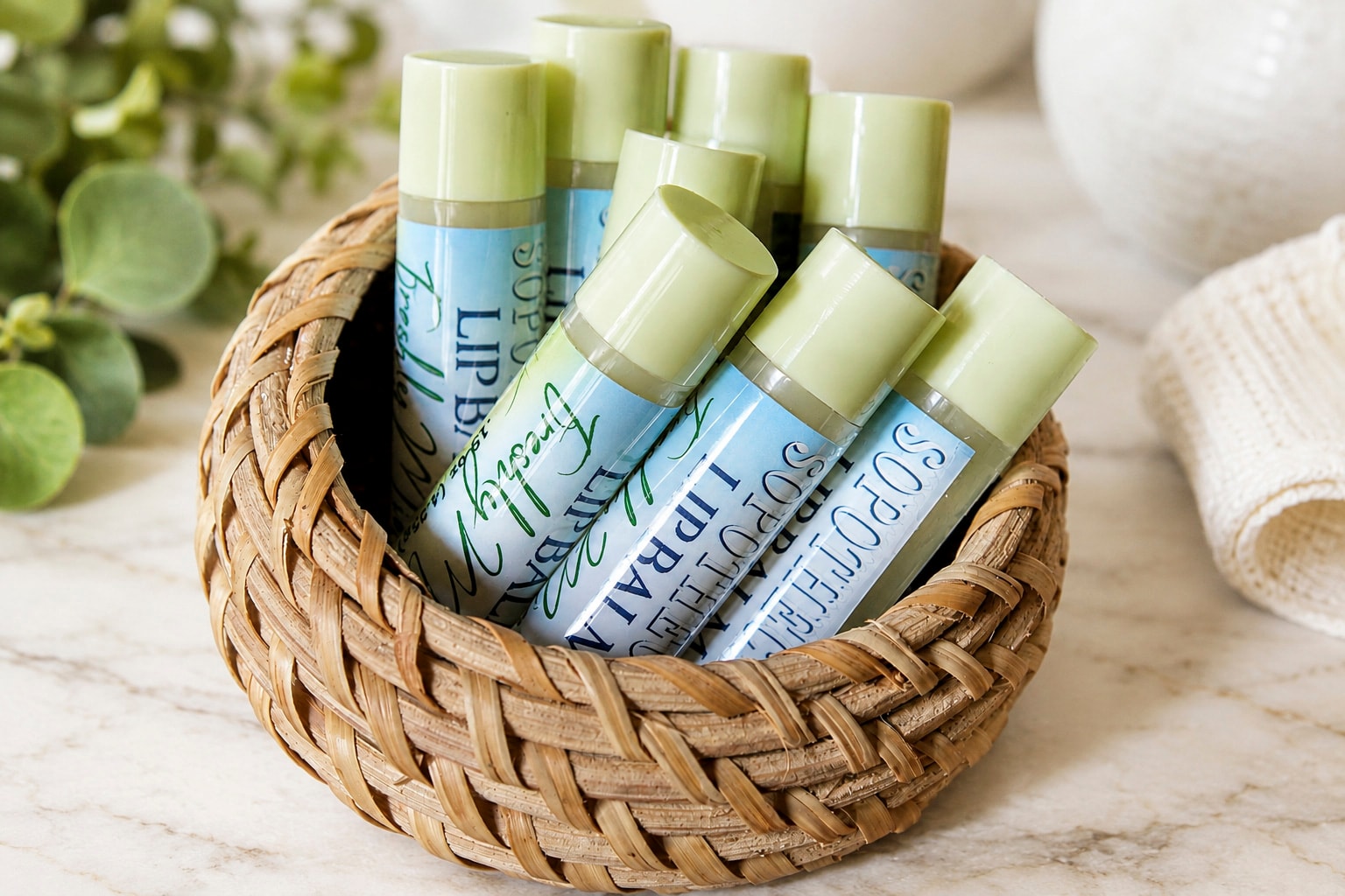 Natural lip balm collection in woven basket